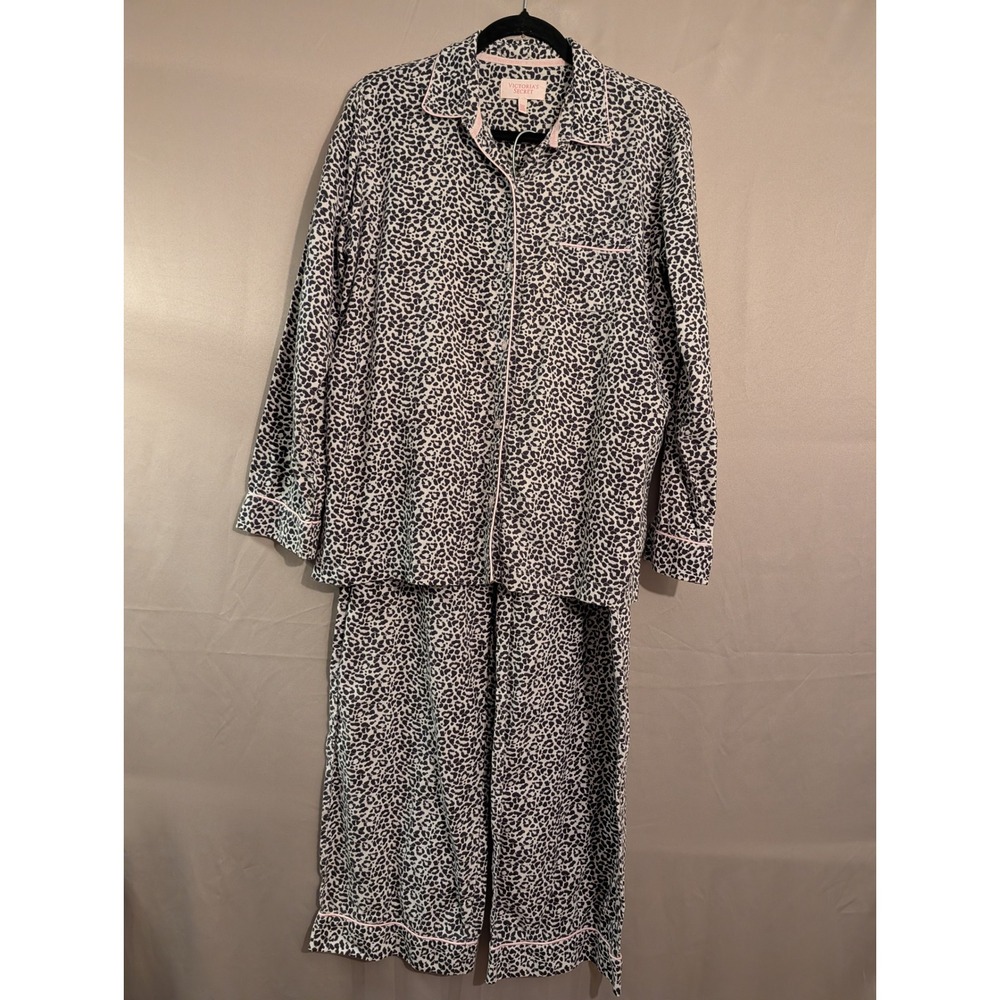 Victoria's Secret Pajama Set Medium Leopard Print Cotton Flannel Pink Piping M